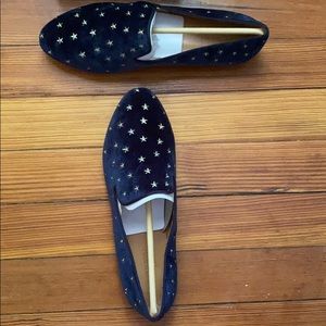 Jcrew navy velvet and gold stars loafers NEW